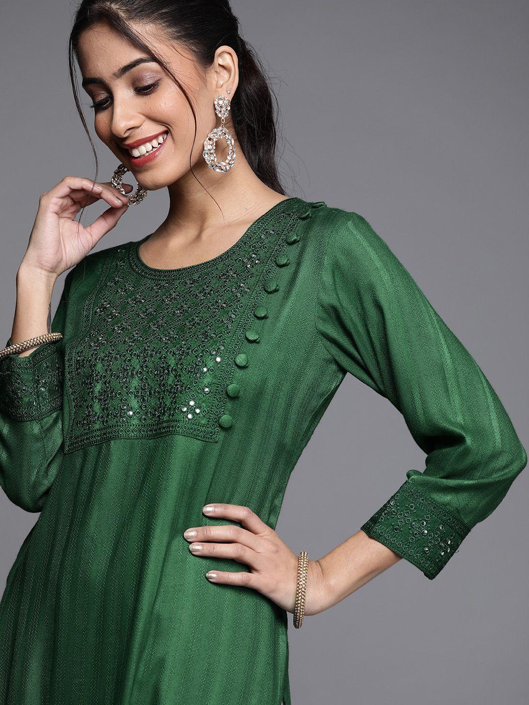 libas women green geometric embroidered mirror work kurta