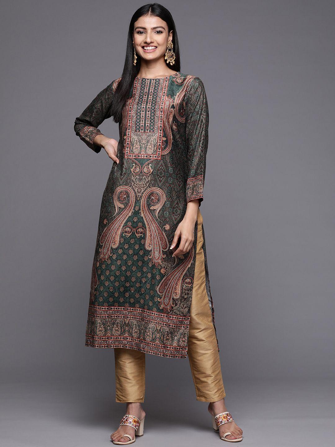 libas women green paisley printed velvet kurta