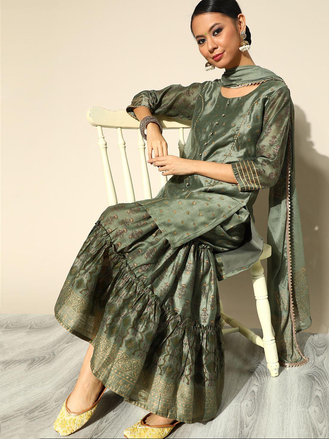 libas women green printed regular chanderi silk kurta with sharara & with dupatta