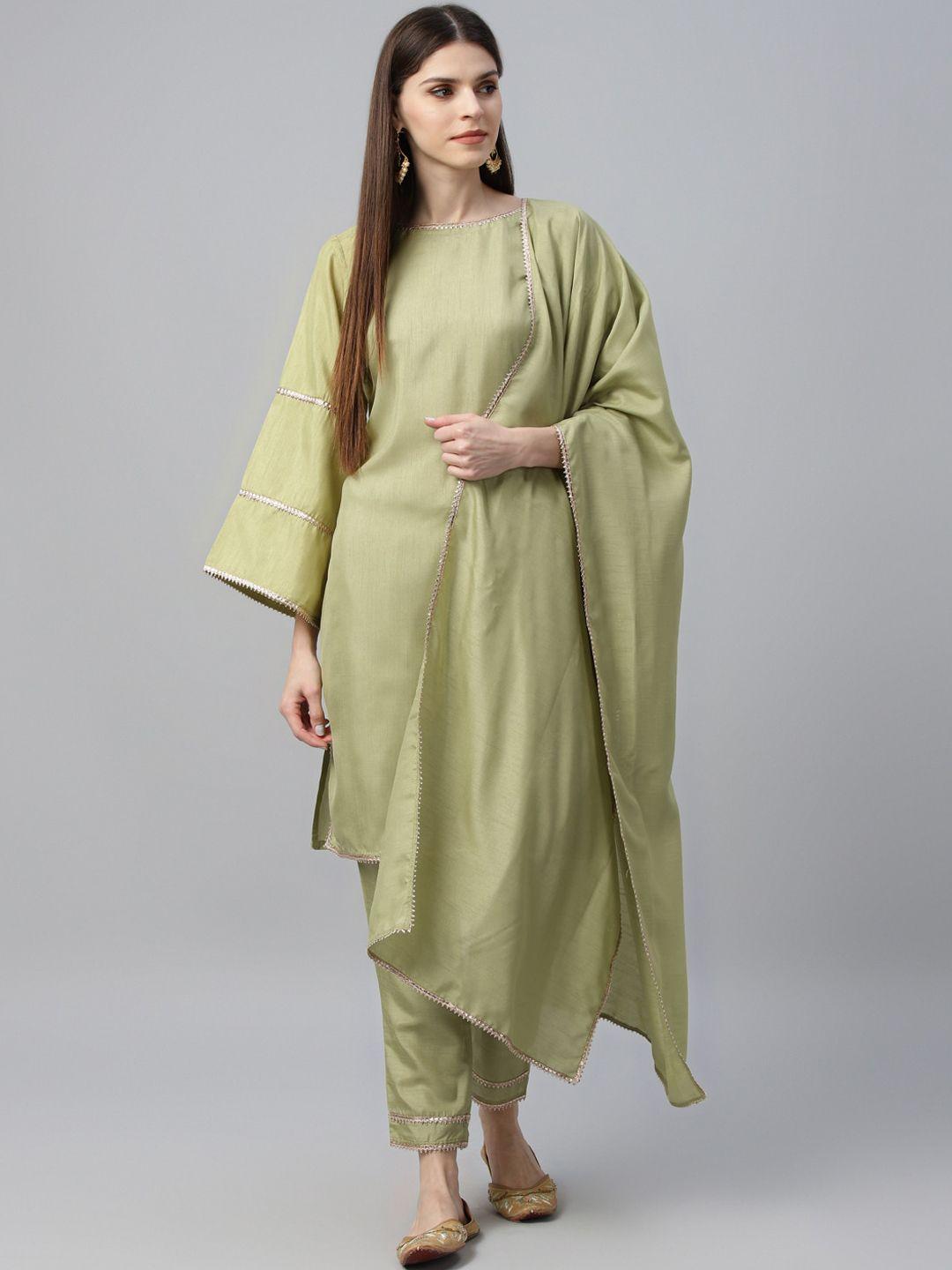 libas women green solid kurta with trousers & dupatta