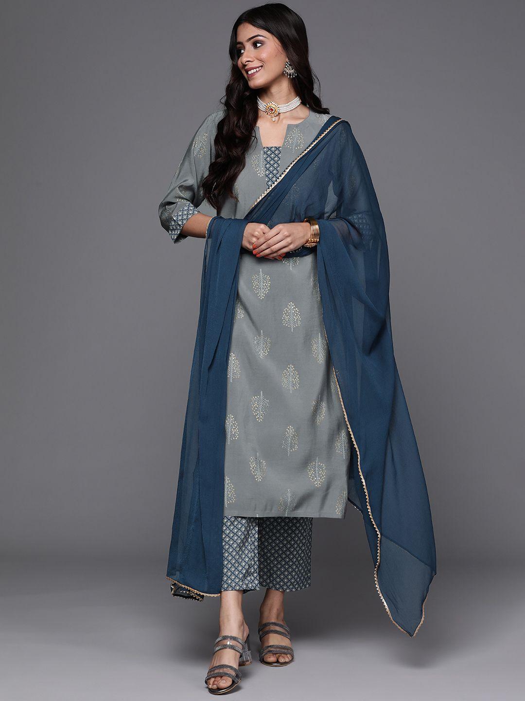 libas women grey & gold floral printed straight kurta with trousers & with dupatta