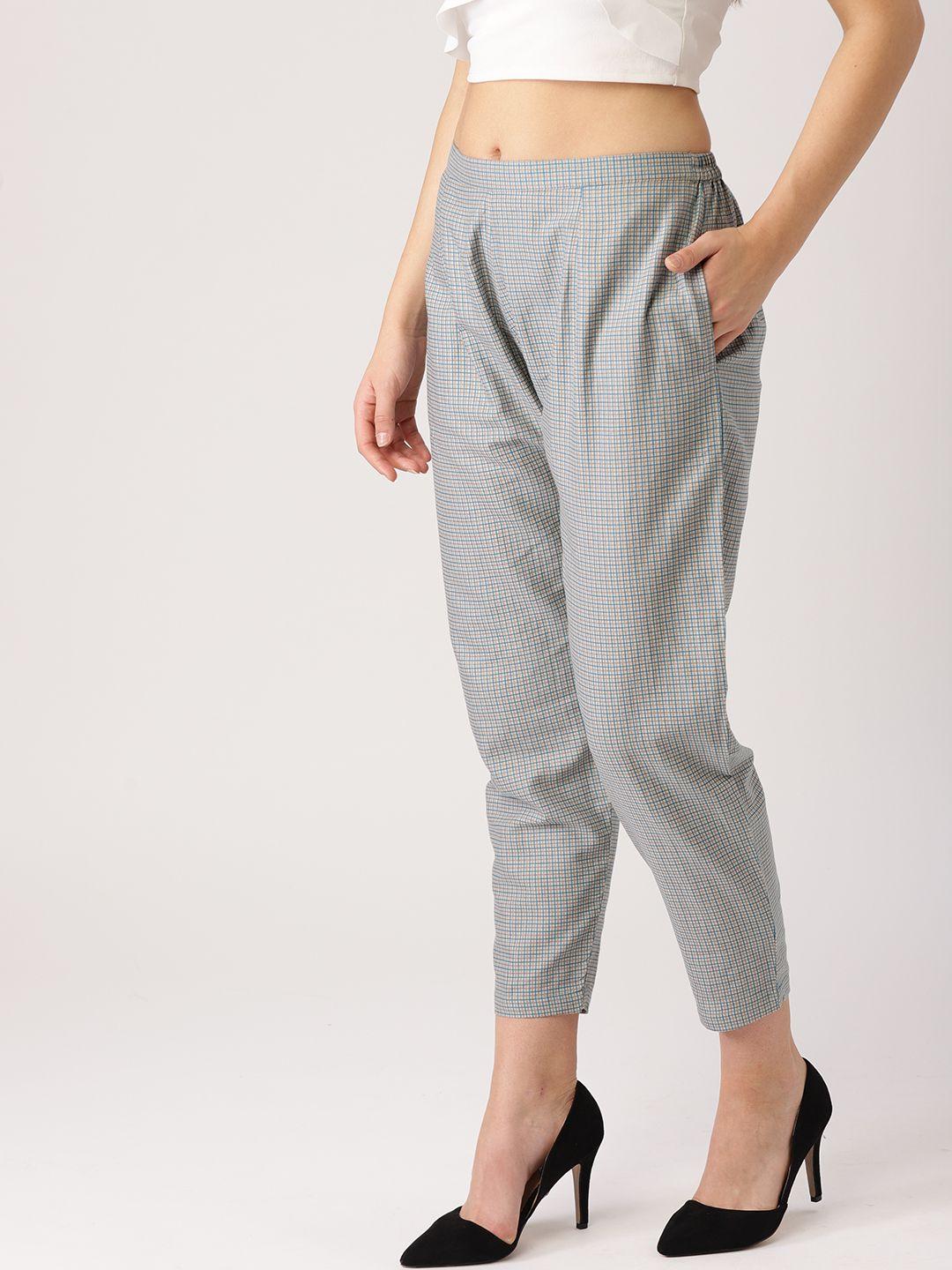libas women grey & green regular fit checked cropped trousers