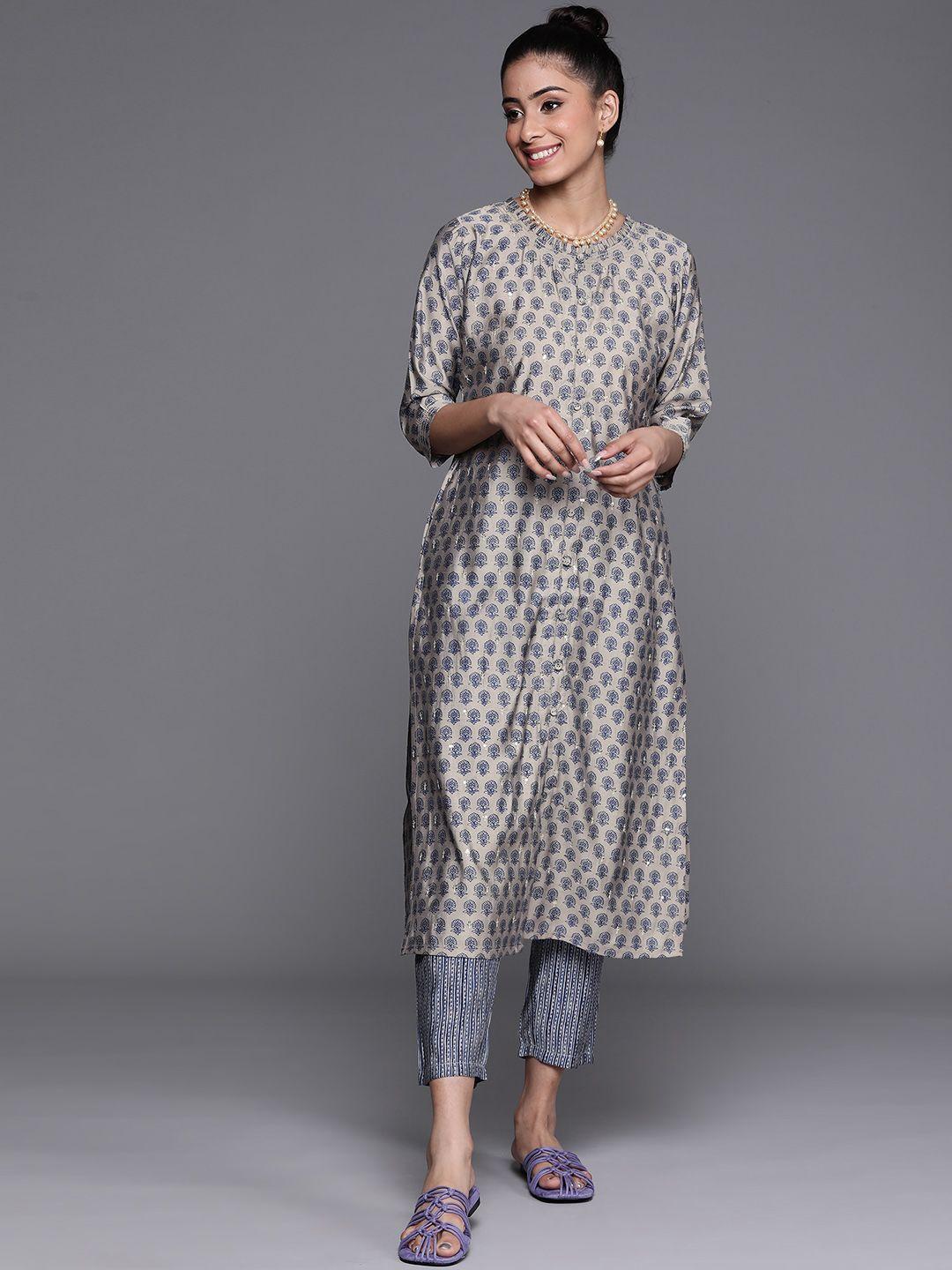 libas women grey & navy blue floral printed chanderi silk chanderi silk kurta