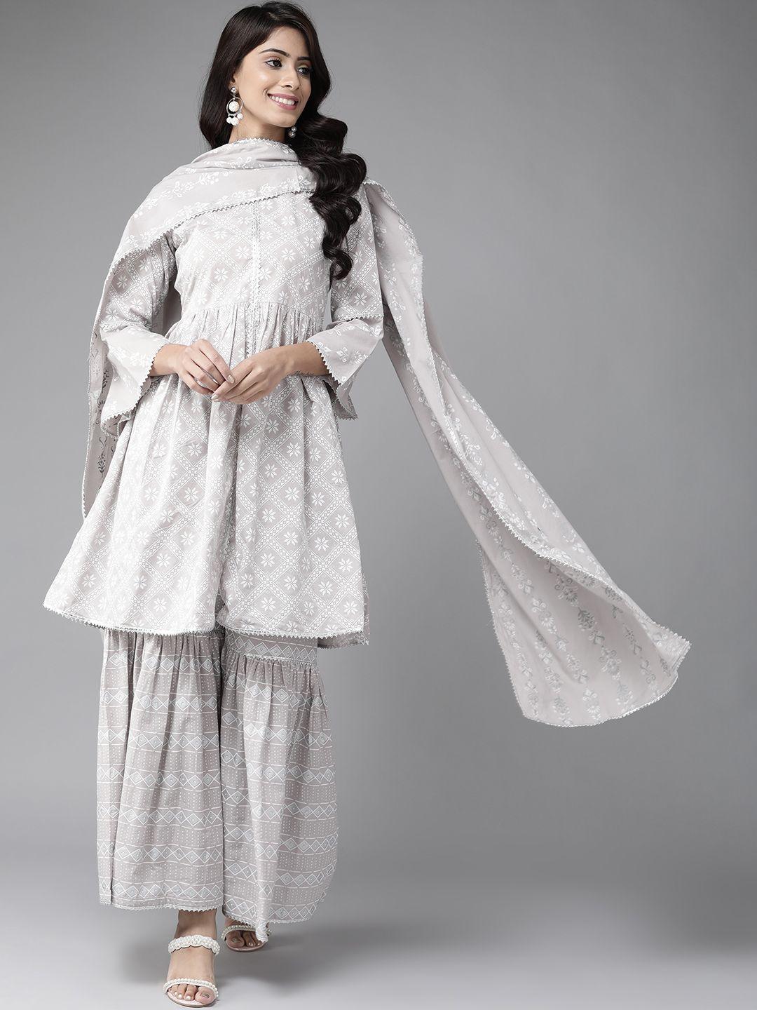 libas women grey & white ethnic printed pure cotton kurta with sharara & with dupatta