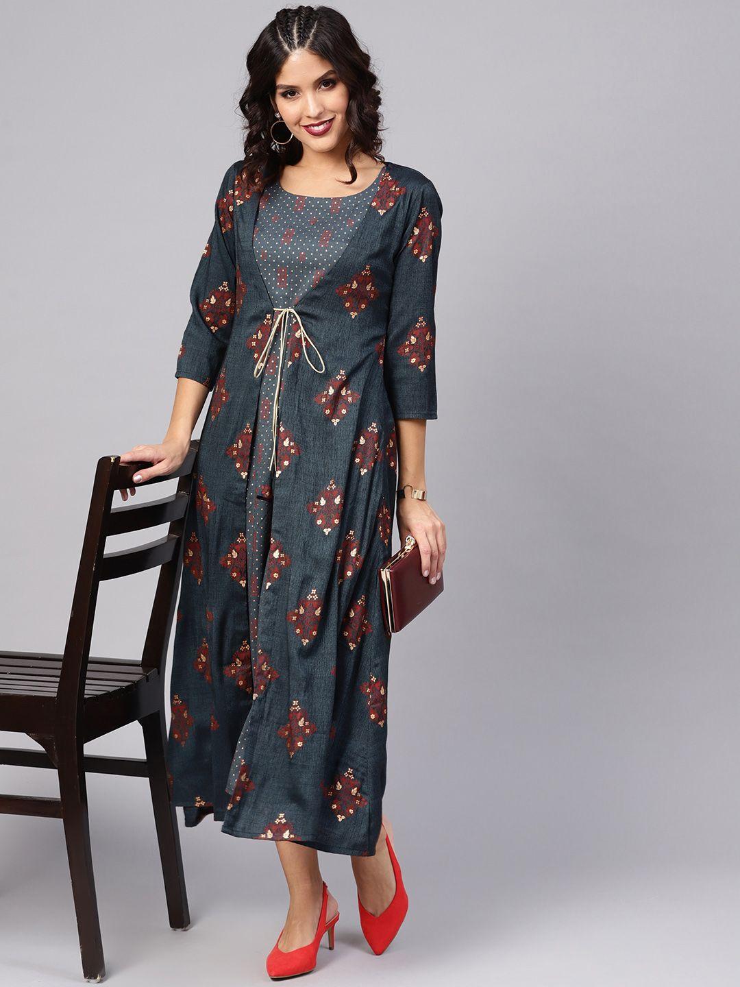 libas women grey ethnic motifs block print a-line dress with layer