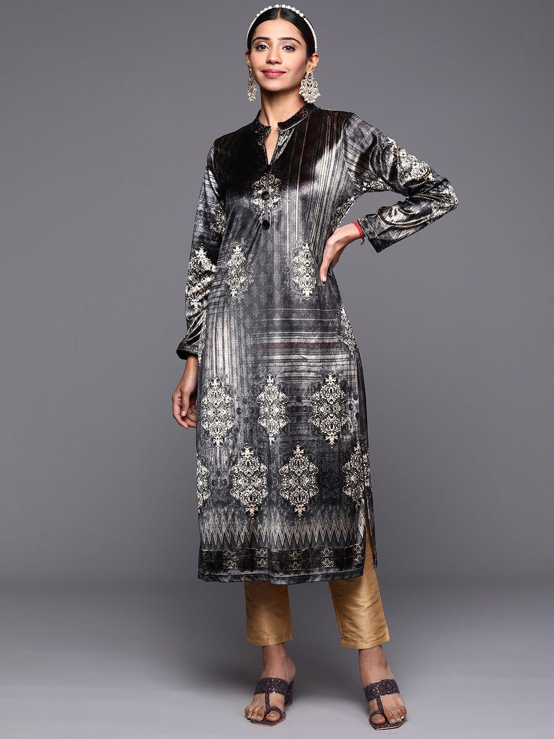 libas women grey ethnic motifs printed velvet kurta