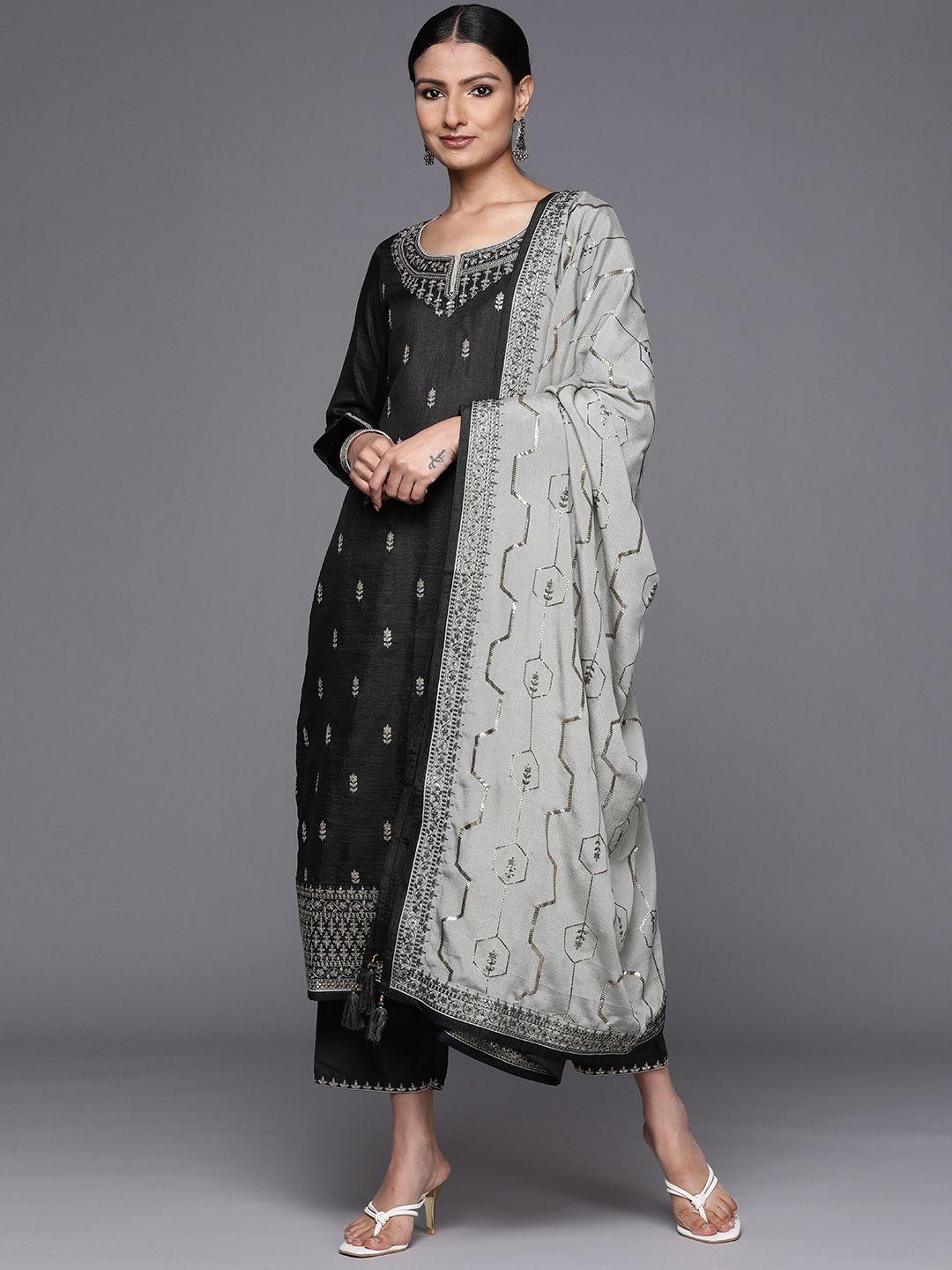 libas women grey floral embroidered sequinned kurta with trousers & dupatta