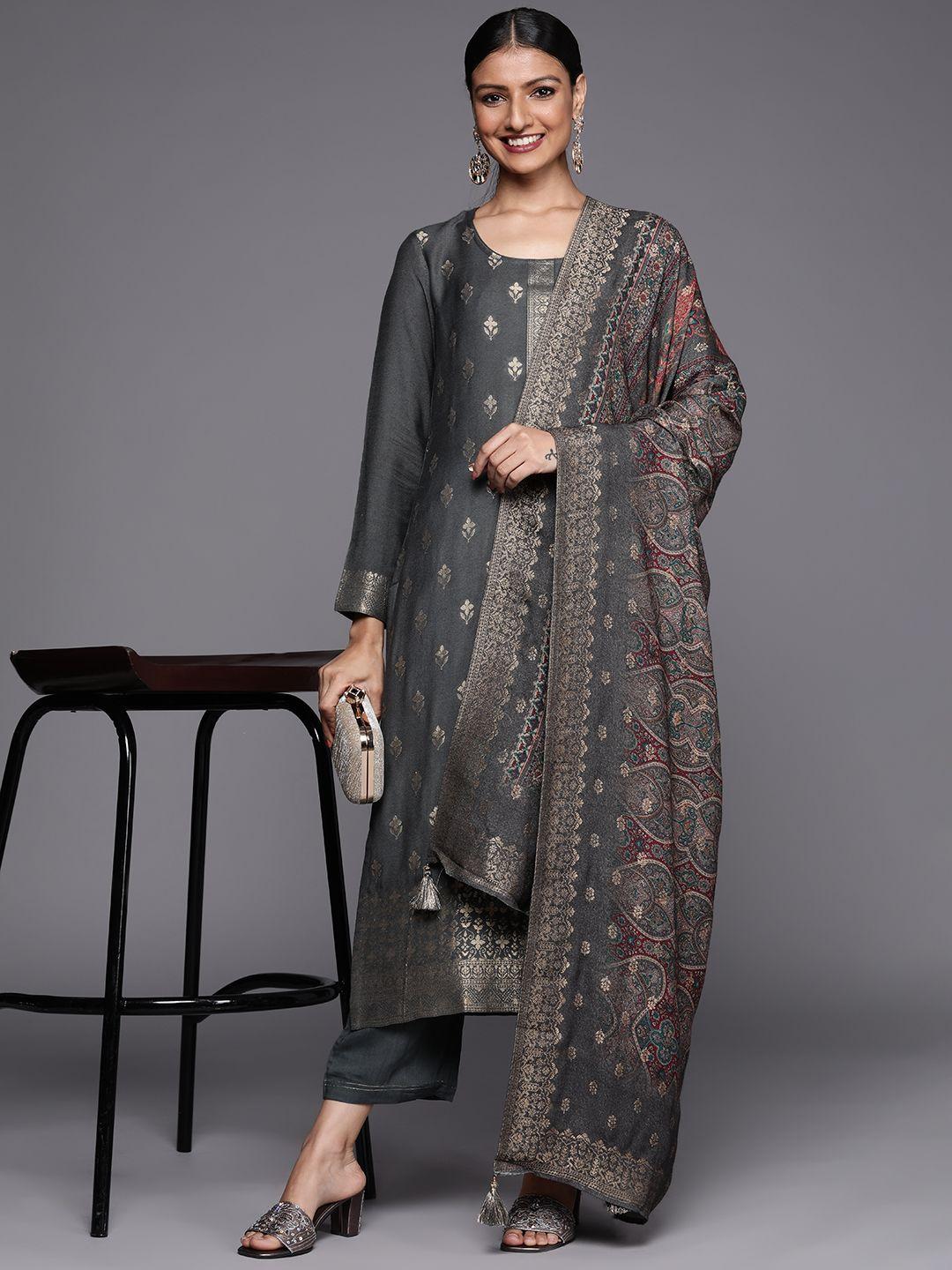 libas women grey floral pashmina wool kurta with trousers & with  dupatta