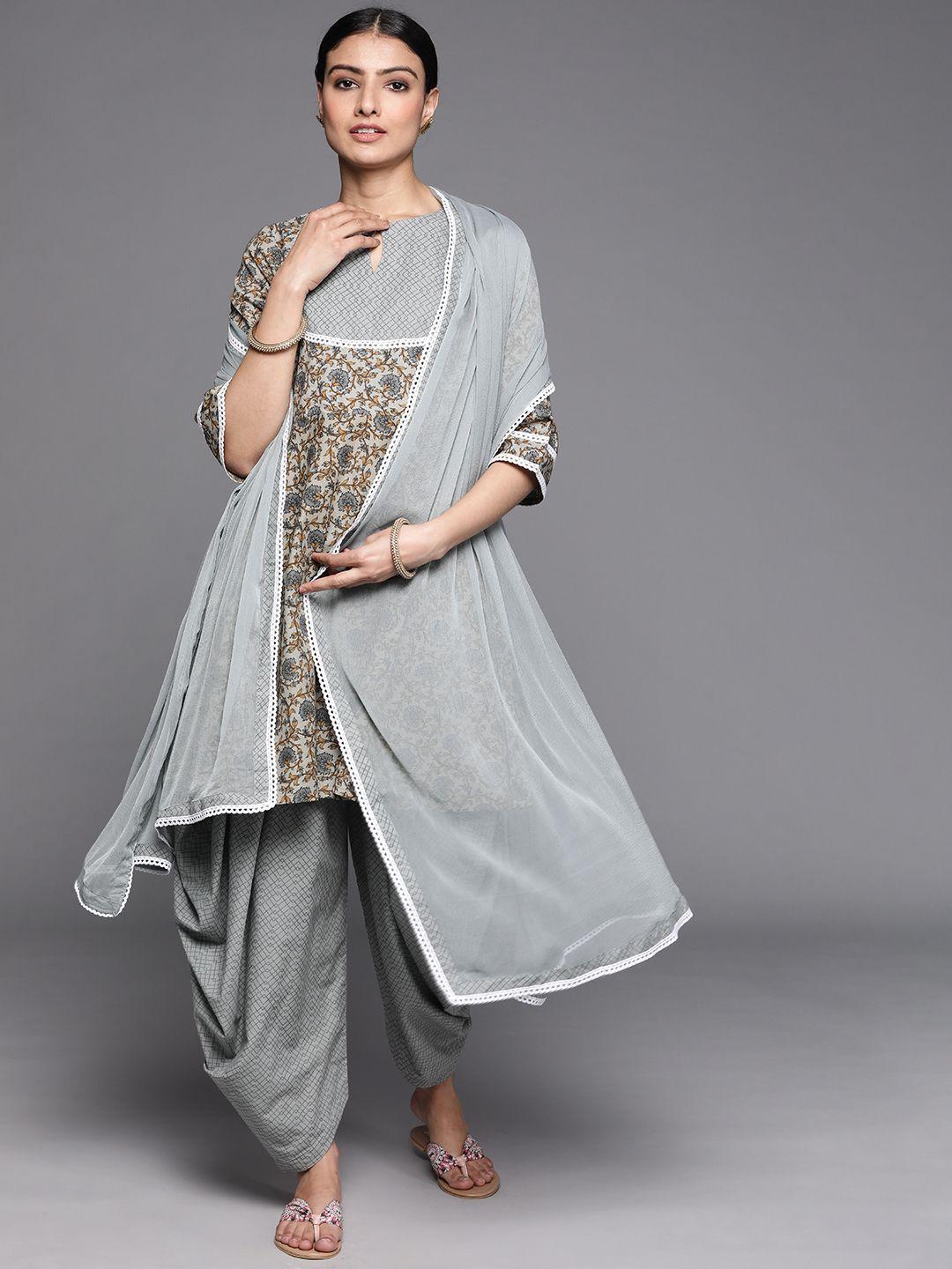 libas women grey floral printed pure cotton kurta set with dupatta