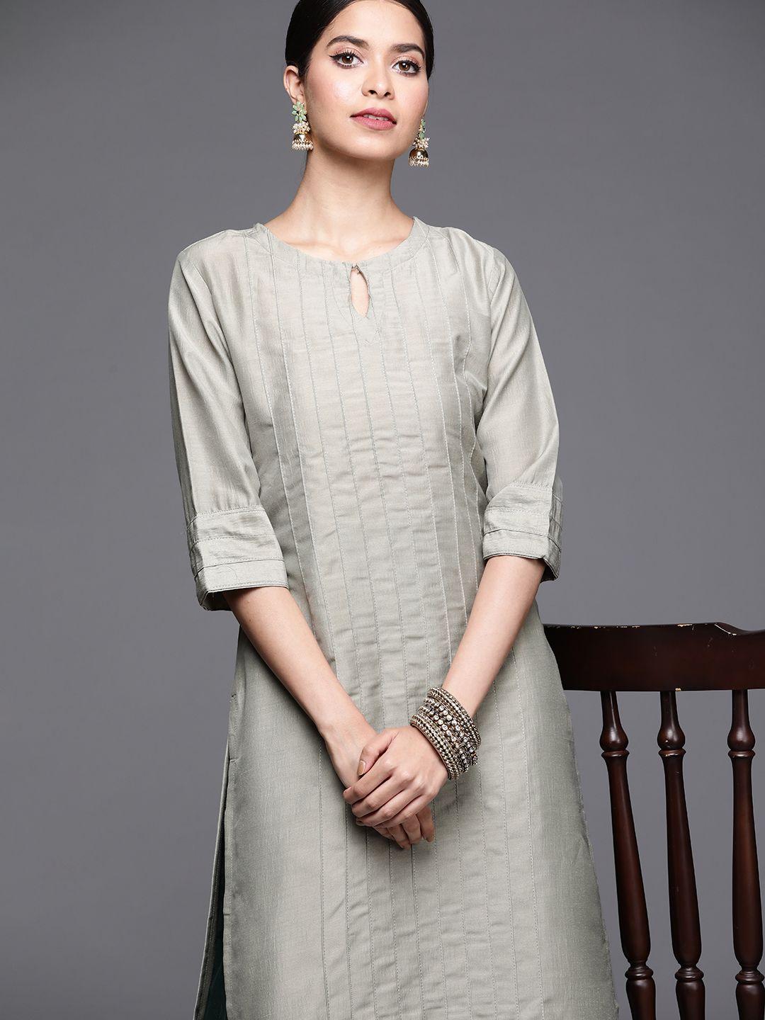 libas women grey pintucks detail keyhole neck straight kurta