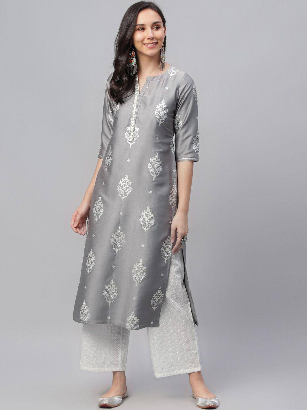 libas women grey printed straight kurta