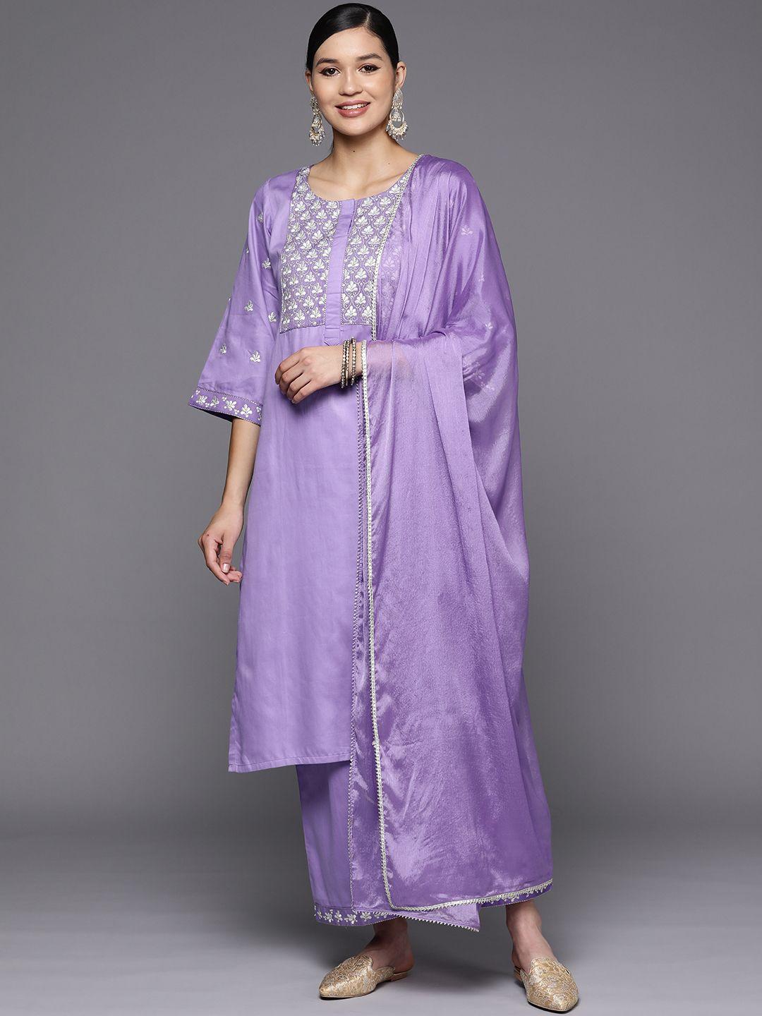 libas women lavender floral embroidered thread work kurta with palazzos & with dupatta