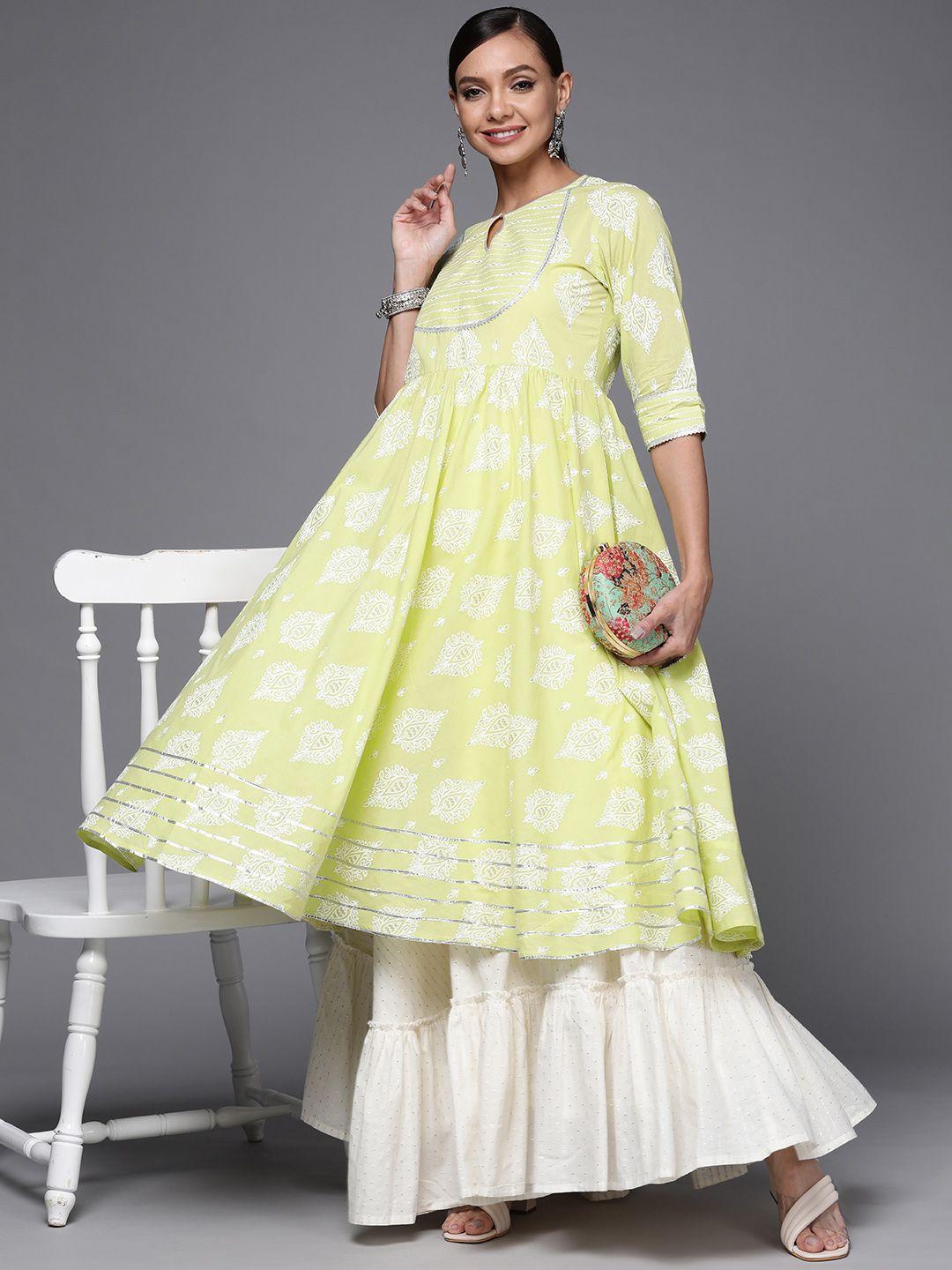 libas women lime green & white ethnic motifs printed keyhole neck gotta patti anarkali kurta