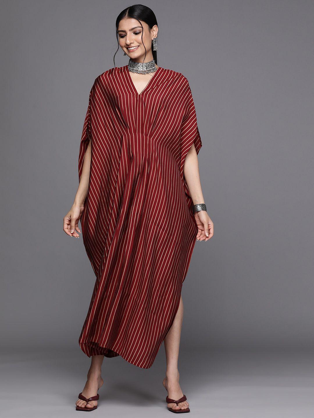 libas women maroon & off white striped kaftan maxi dress