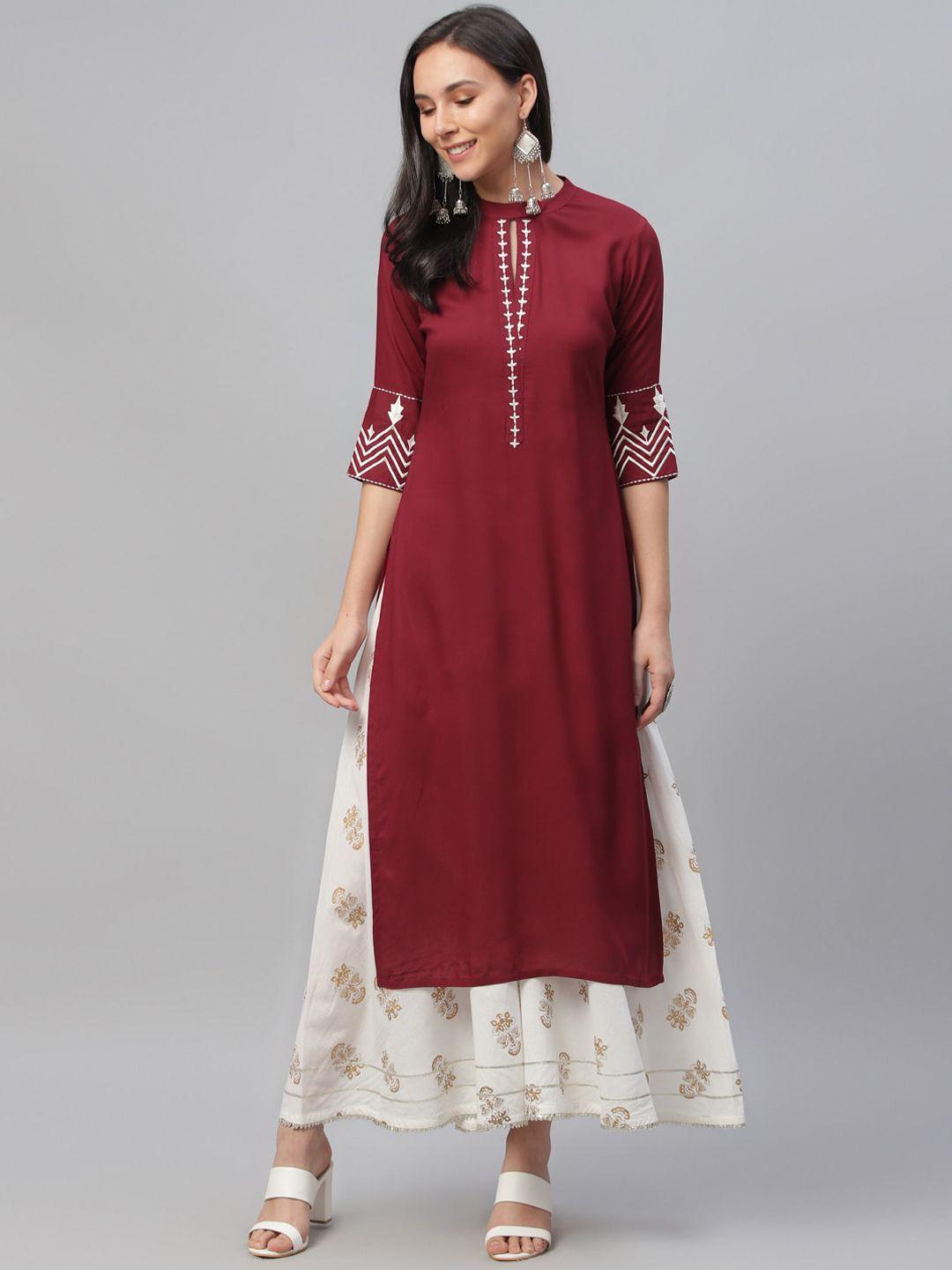 libas women maroon embroidered straight kurta