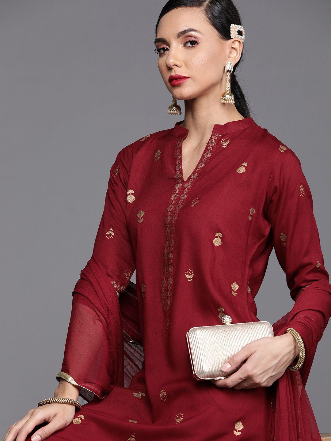 libas women maroon ethnic motifs embroidered kurta with palazzos & dupatta