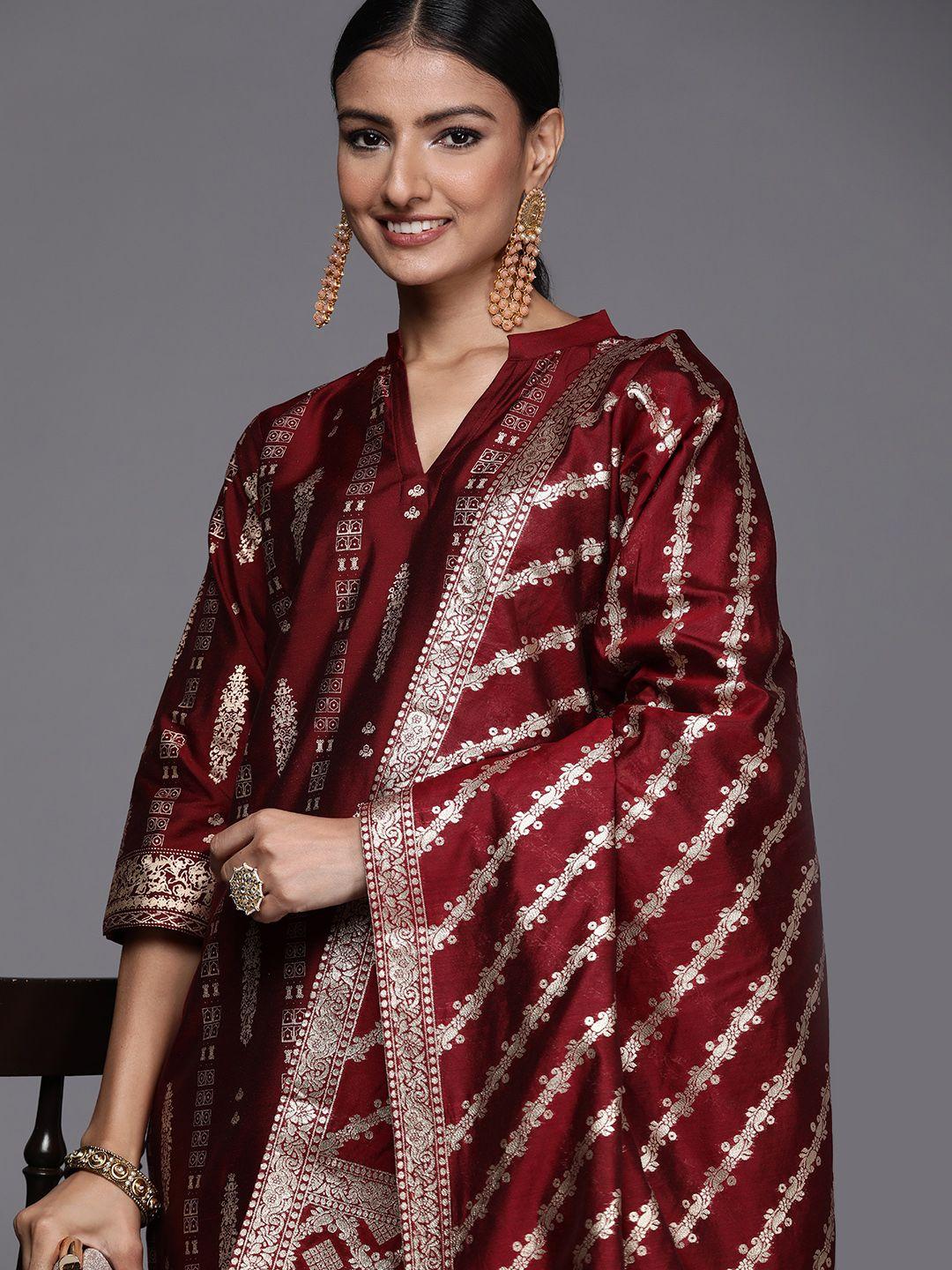 libas women maroon ethnic motifs printed chanderi silk kurta with trousers & dupatta