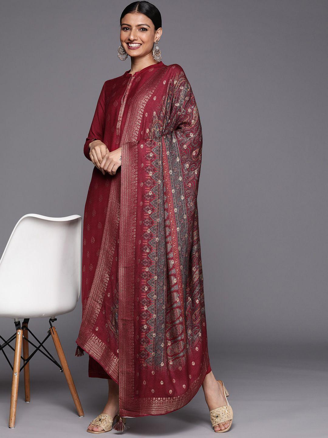 libas women maroon ethnic motifs printed pashmina wool kurta with trousers & with dupatta