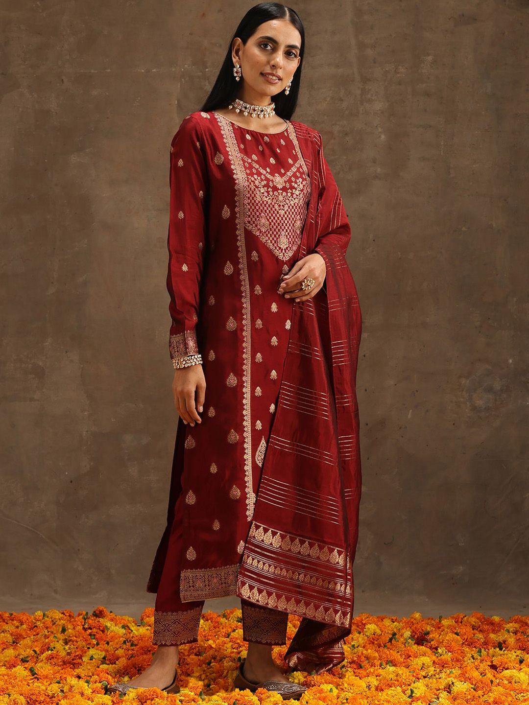 libas women maroon ethnic motifs regular kurta with trousers & with dupatta