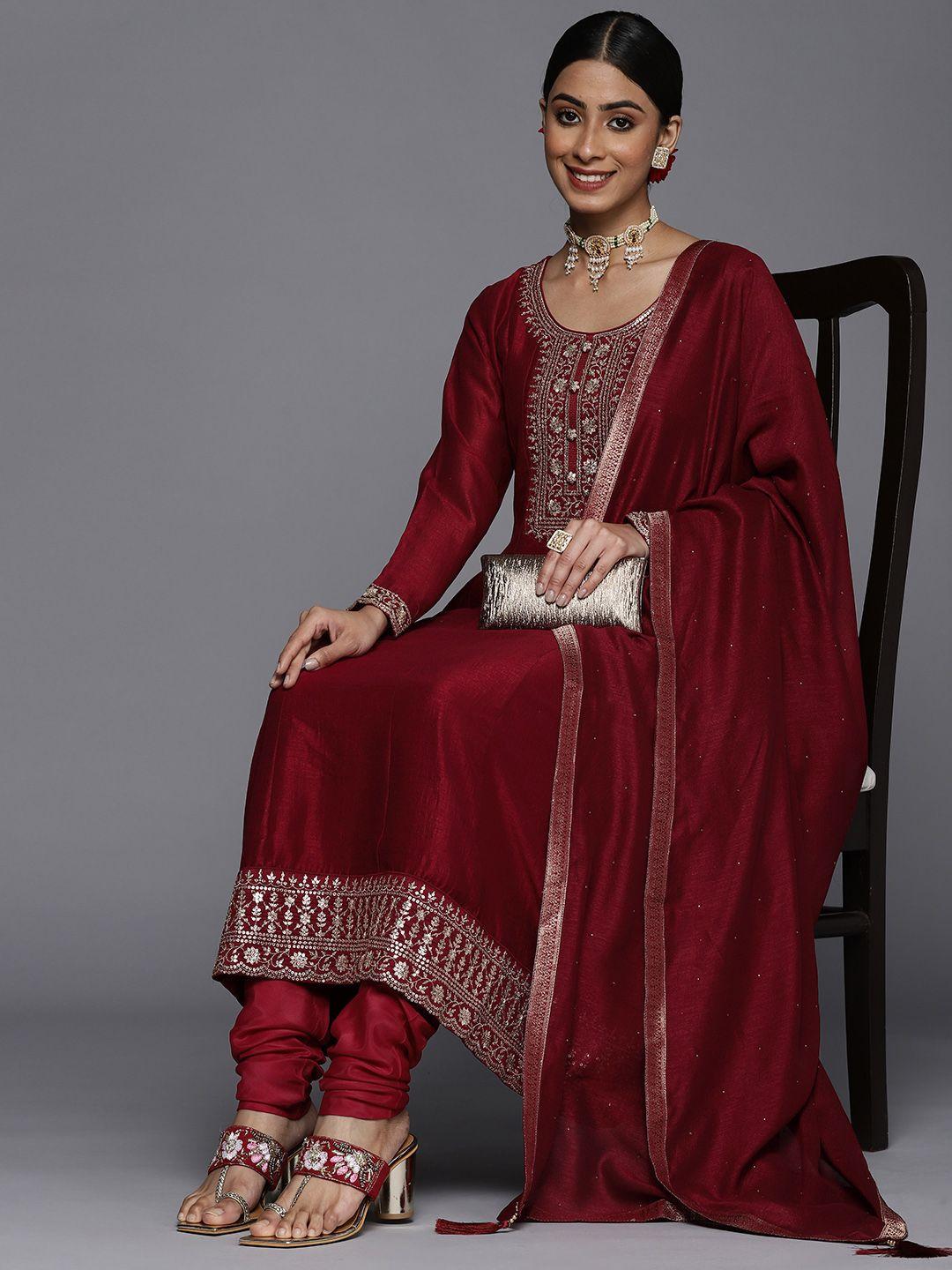 libas women maroon floral embroidered panelled sequinned kurta with churidar & with dupatta