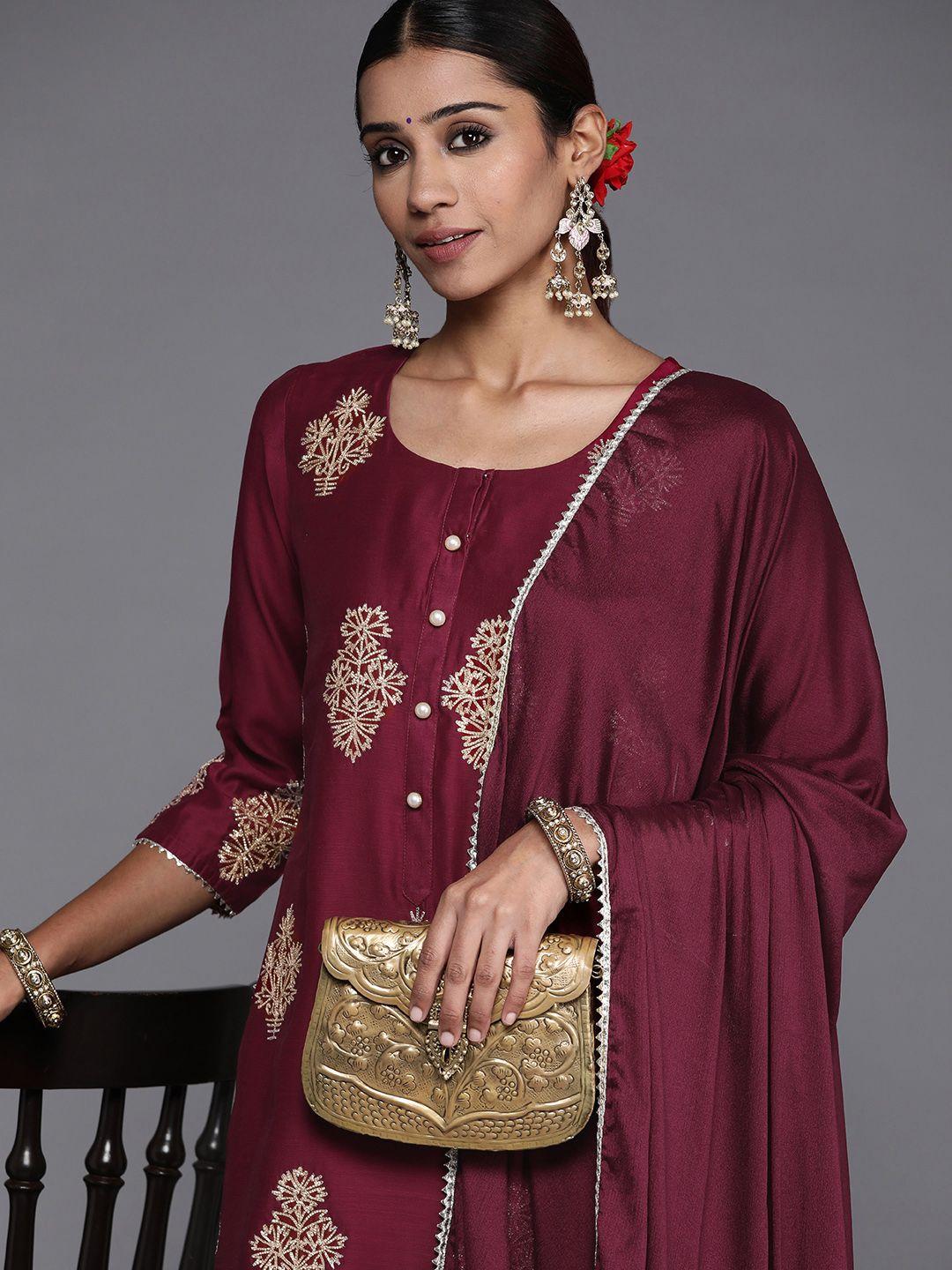 libas women maroon floral gotta patti chanderi silk kurta with sharara & with dupatta