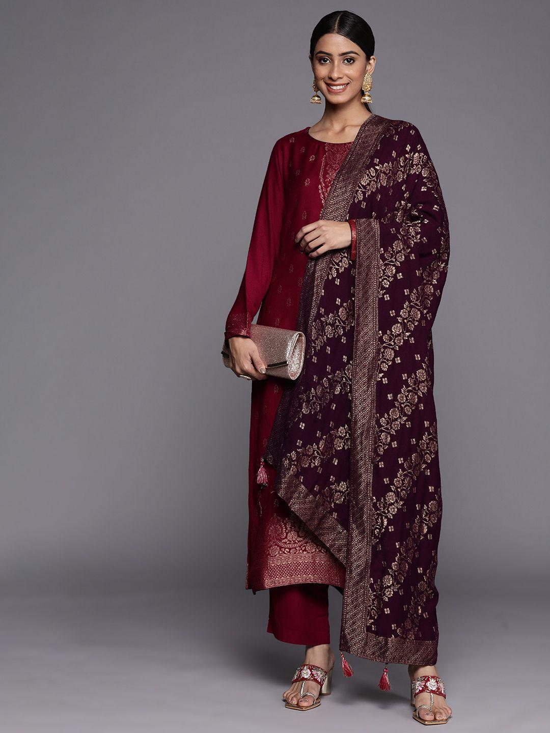 libas women maroon floral printed pashmina wool kurta with trousers & with dupatta