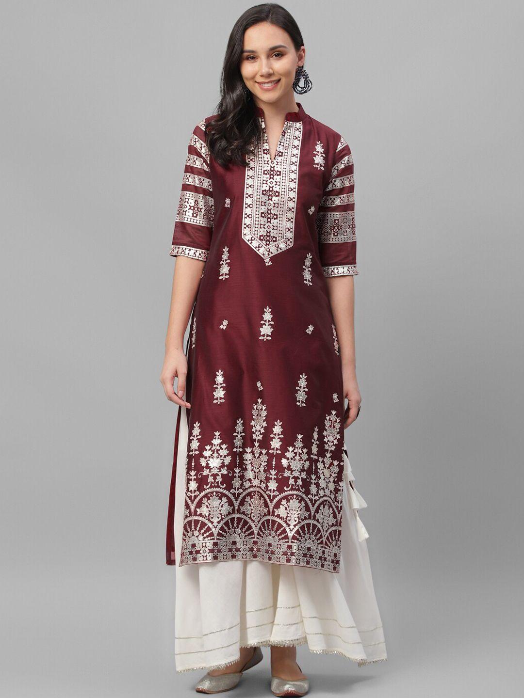 libas women maroon printed straight kurta