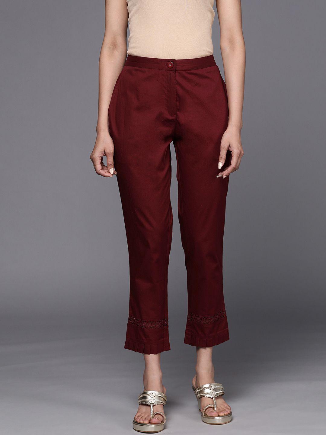 libas women maroon pure cotton trousers with lace details at hem