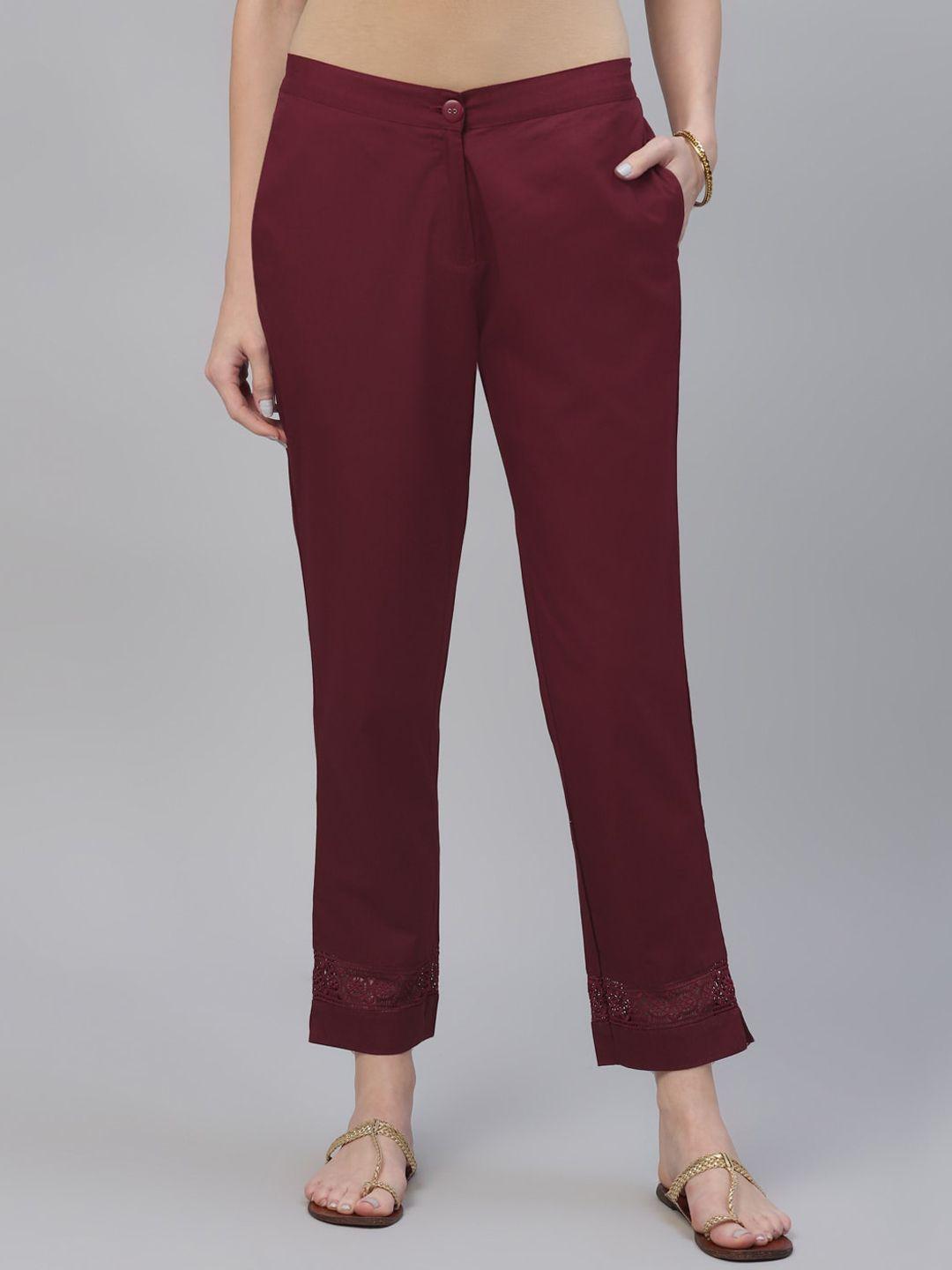 libas women maroon regular fit solid regular trousers