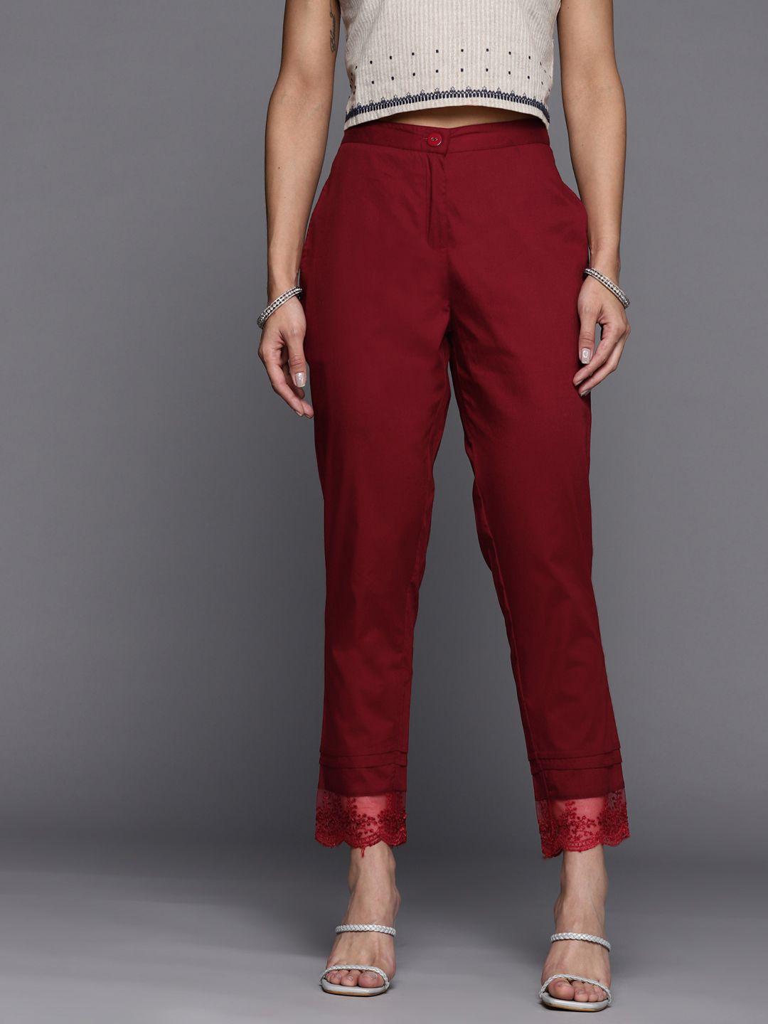 libas women maroon relaxed straight leg cotton hem design high-rise trousers