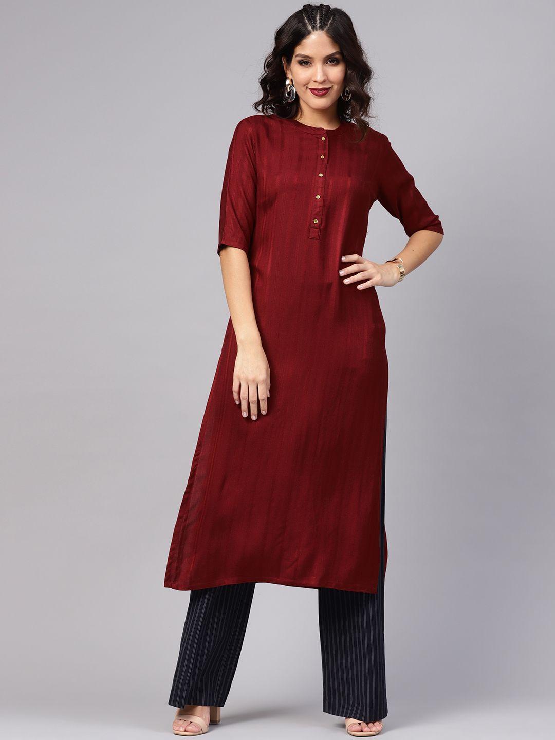 libas women maroon self-striped straight kurta