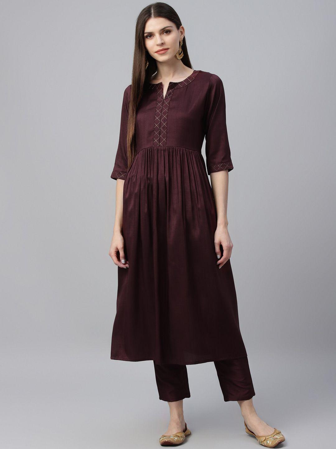 libas women maroon solid kurta with trousers