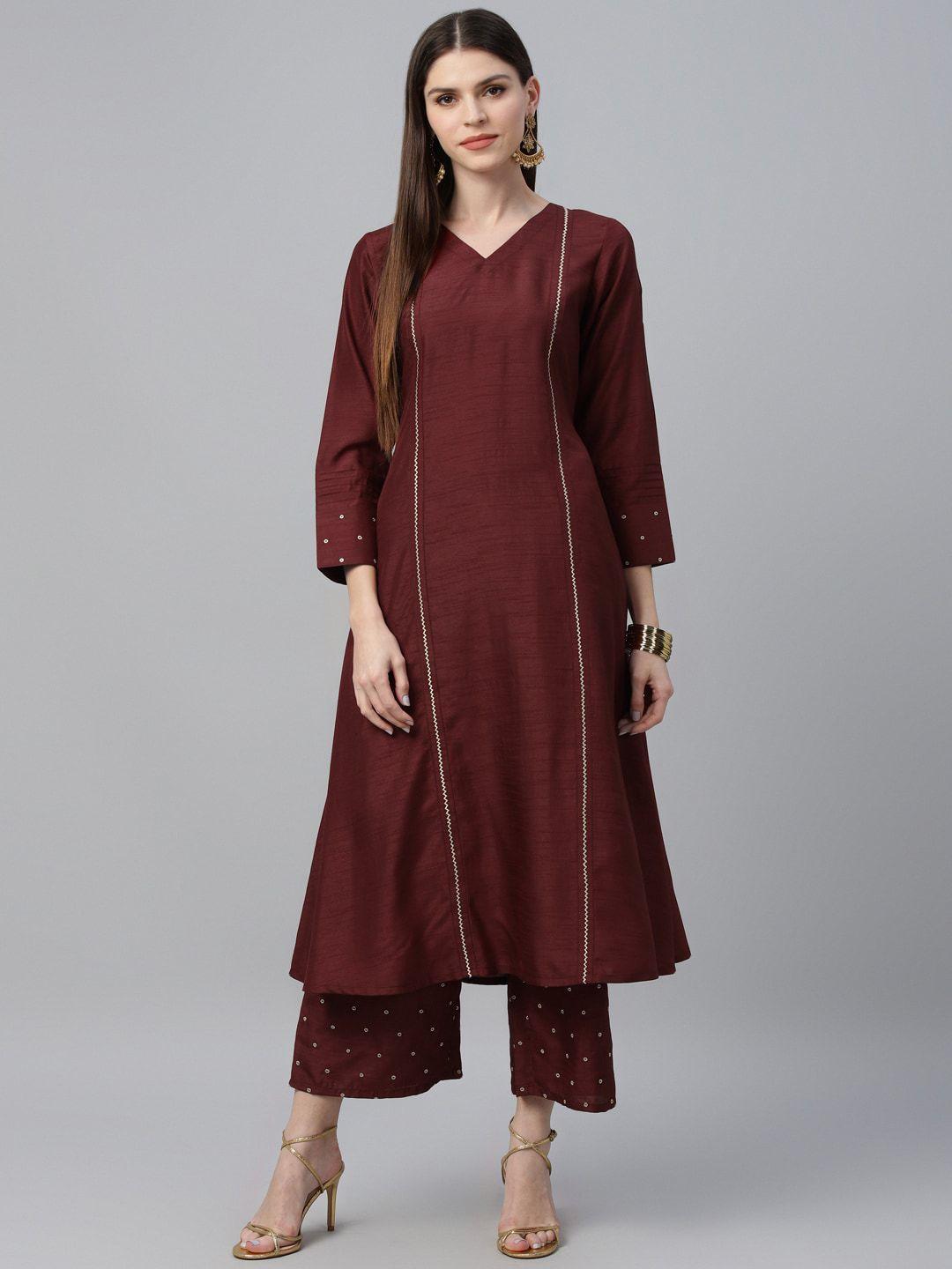 libas women maroon solid kurta with trousers