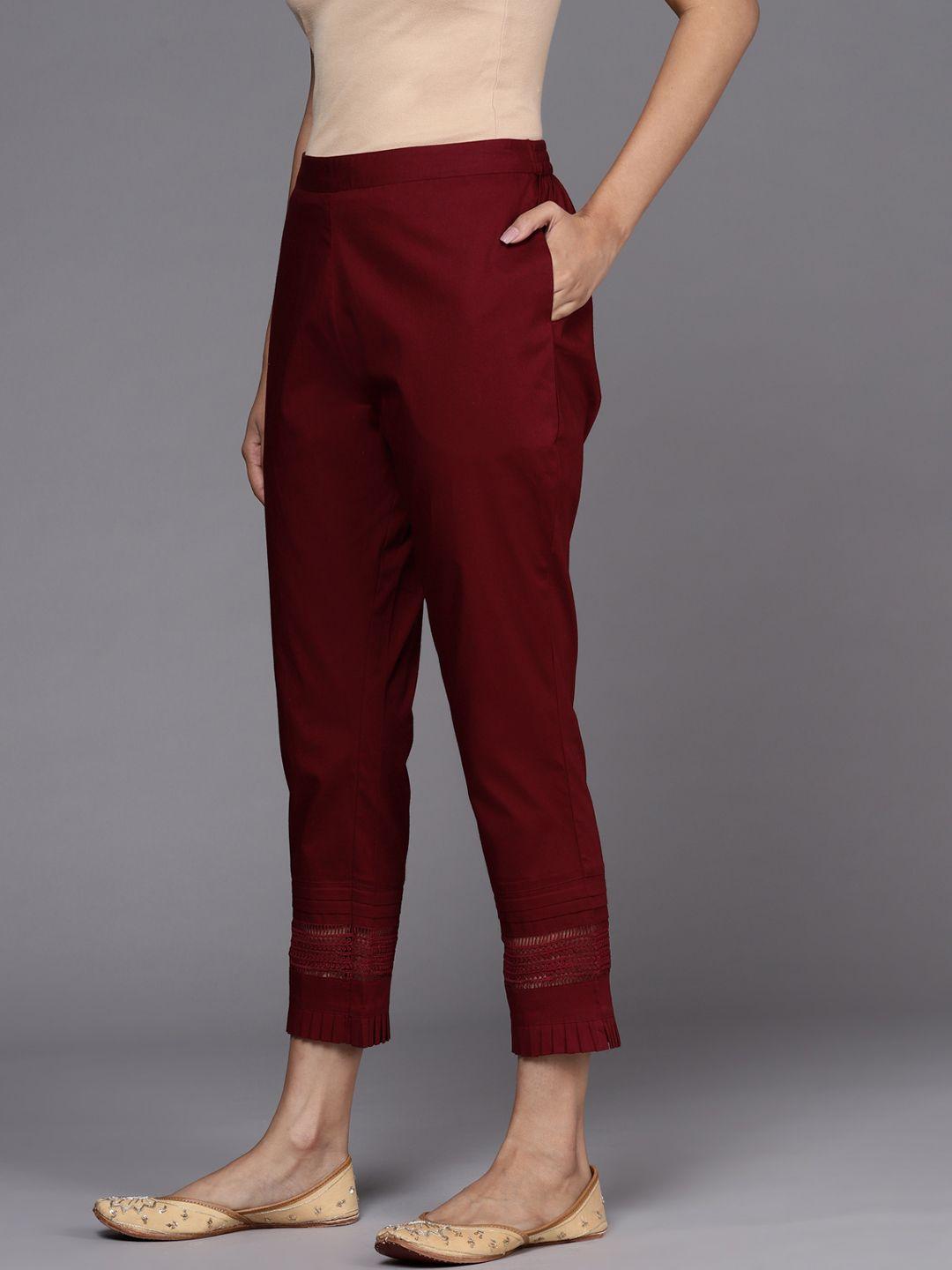 libas women maroon straight fit pure cotton trousers