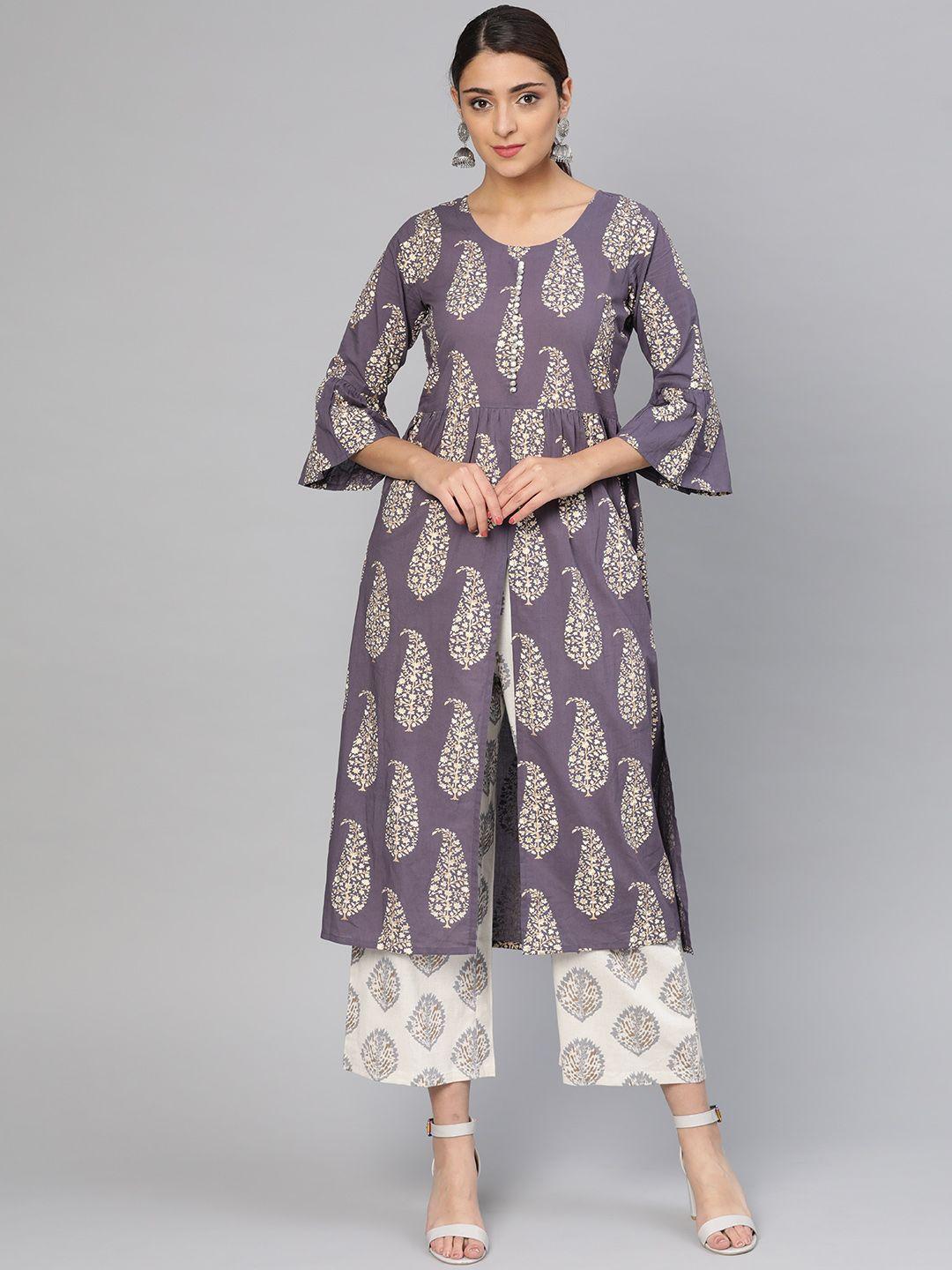 libas women mauve & off-white printed kurta with palazzos