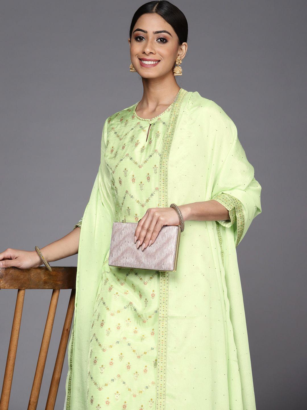 libas women mint green ethic motifs & peach-coloured kurta with trousers & dupatta