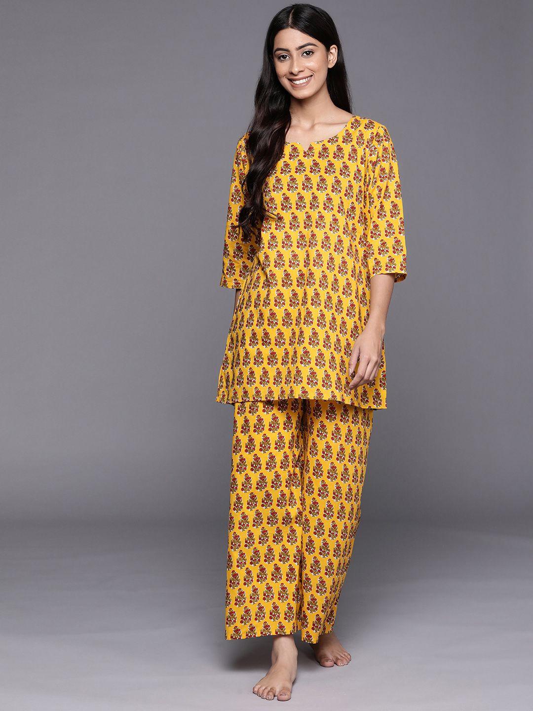libas women mustard printed cotton night suit