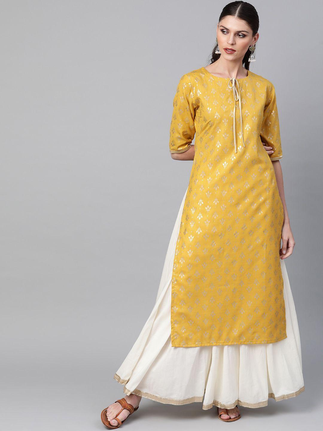 libas women mustard yellow & golden block printed straight kurta