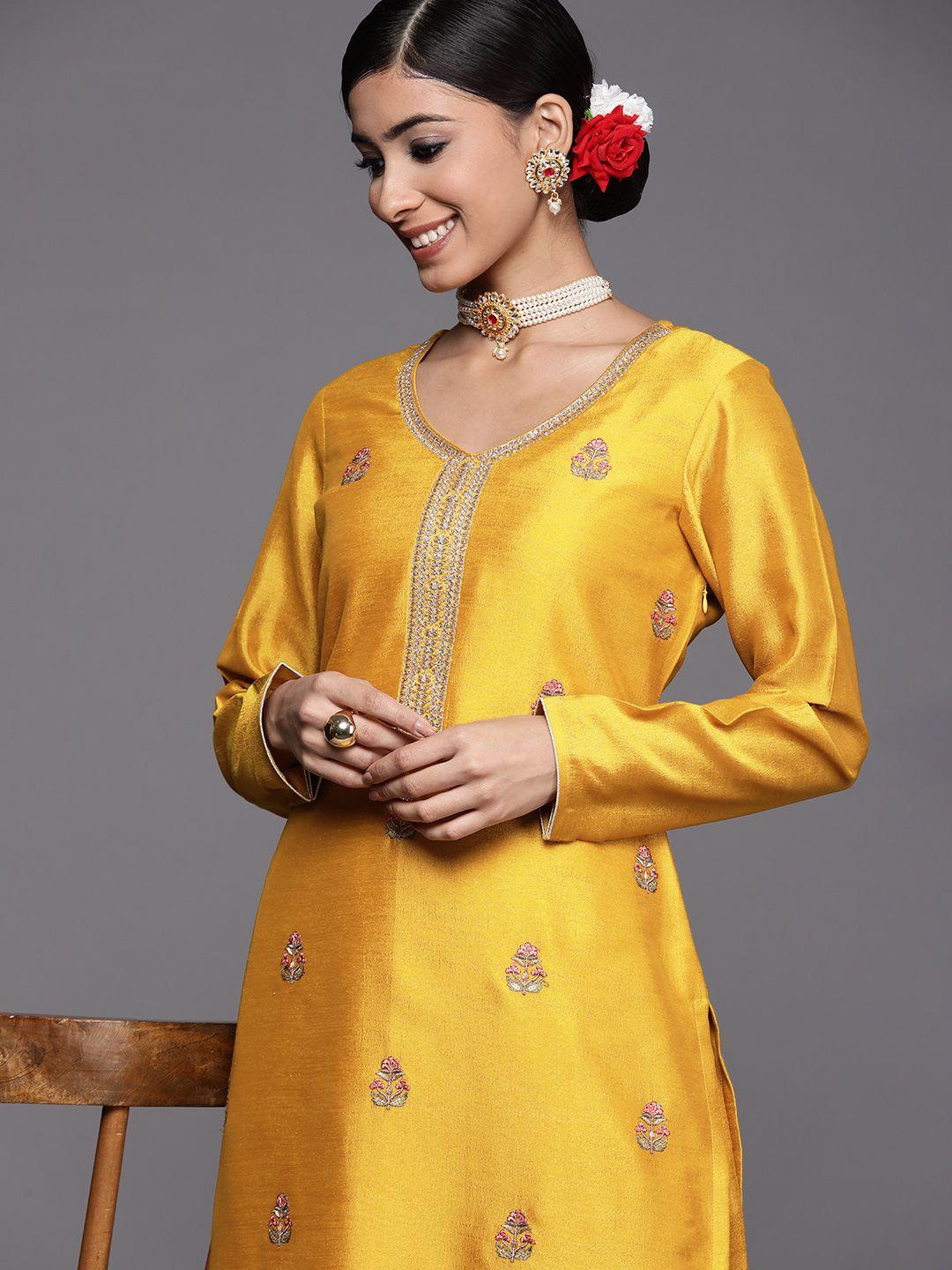 libas women mustard yellow & golden ethnic motifs embroidered kurta