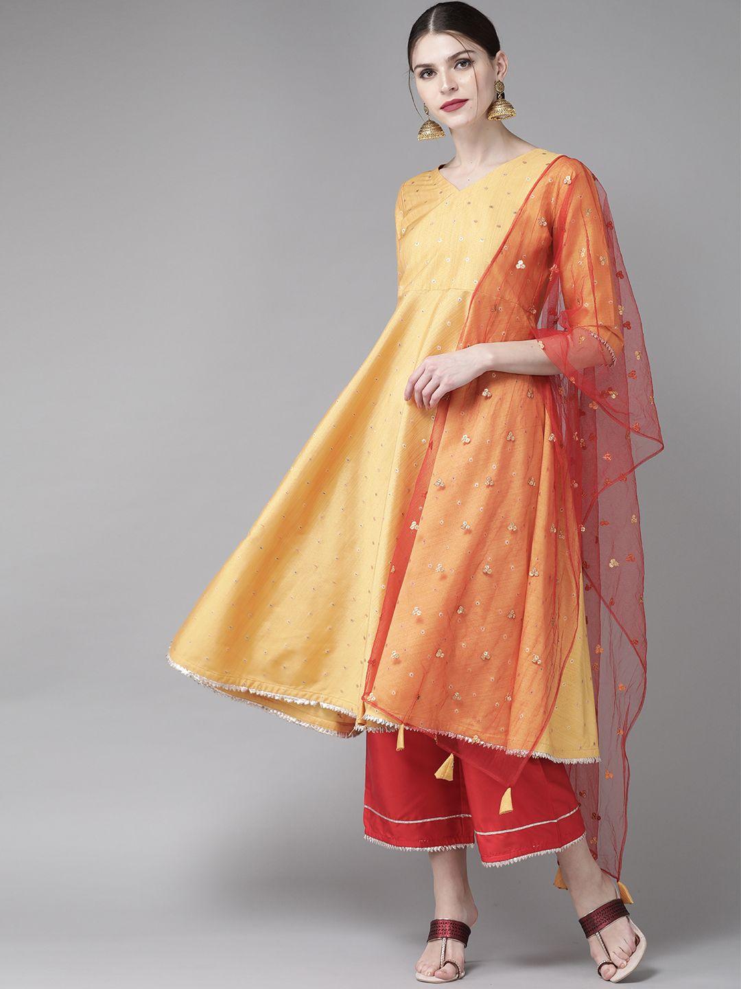 libas women mustard yellow & red woven design kurta with palazzos & dupatta
