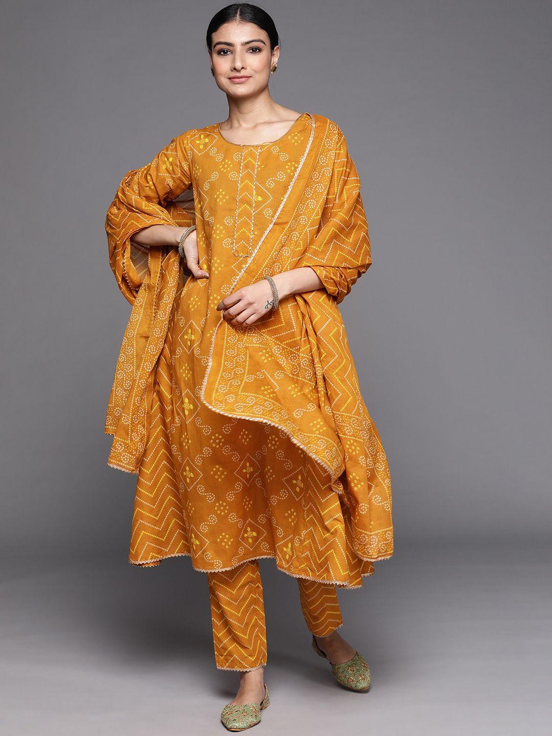 libas women mustard yellow bandhani printed gotta patti pure cotton kurta with trousers & with dupatta