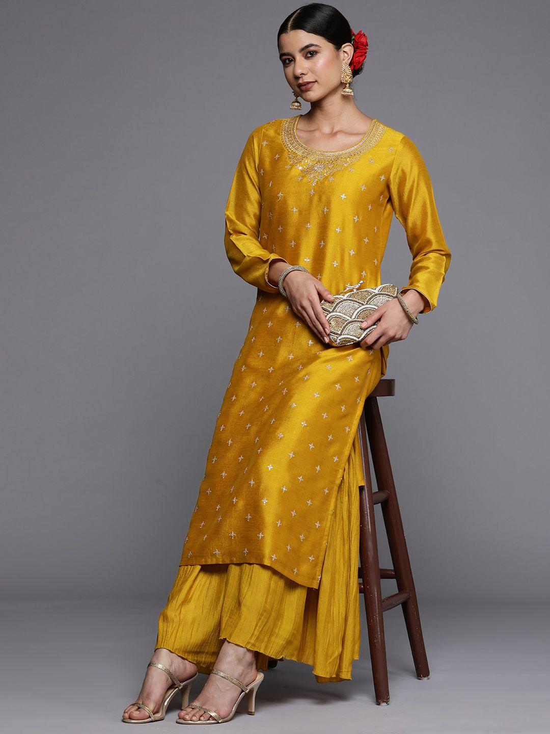 libas women mustard yellow ethnic motifs embroidered kurta