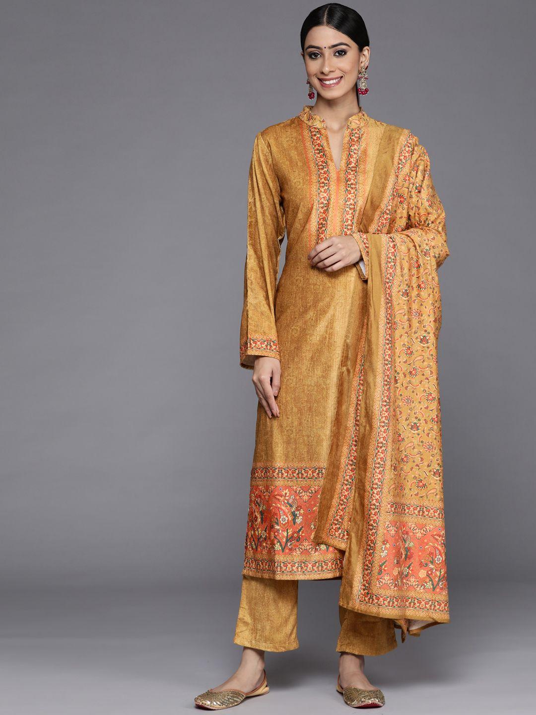 libas women mustard yellow ethnic motifs printed velvet kurta with trousers & with dupatta