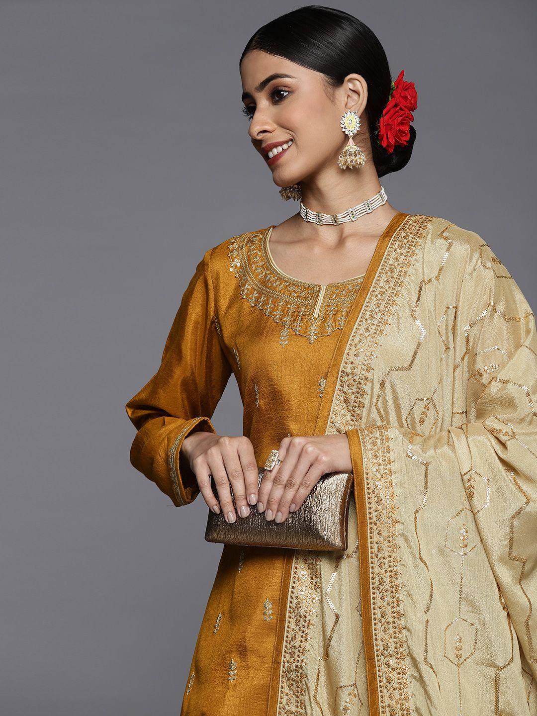 libas women mustard yellow floral  motifs embroidered kurta with trousers & dupatta