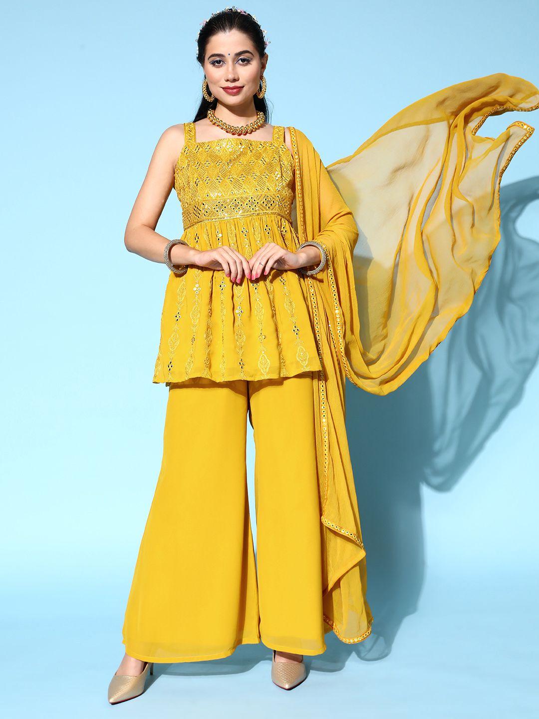 libas women mustard yellow floral embroidered empire mirror work kurti with palazzos & with dupatta