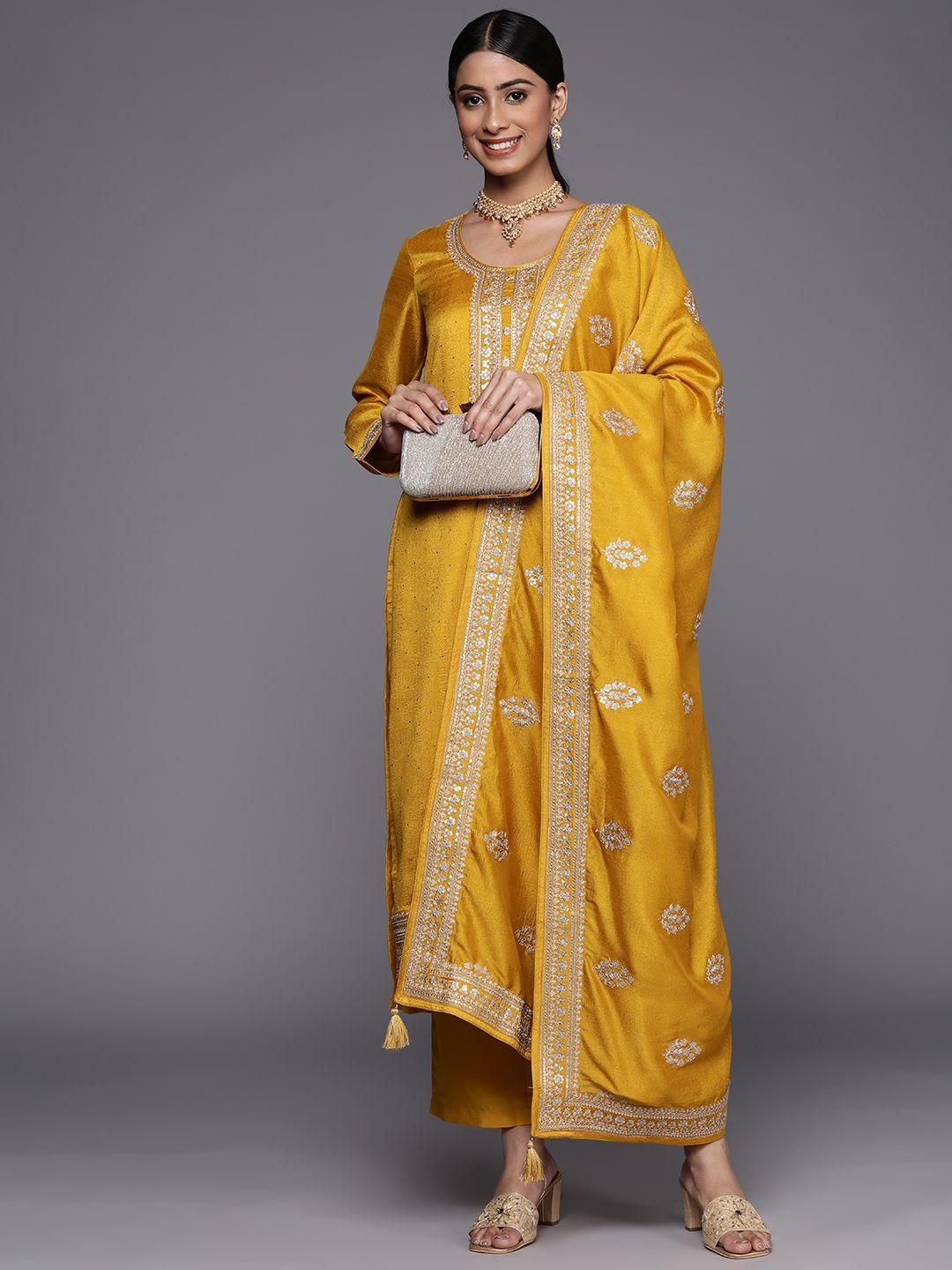 libas women mustard yellow floral motifs sequinned kurta with trousers & with dupatta