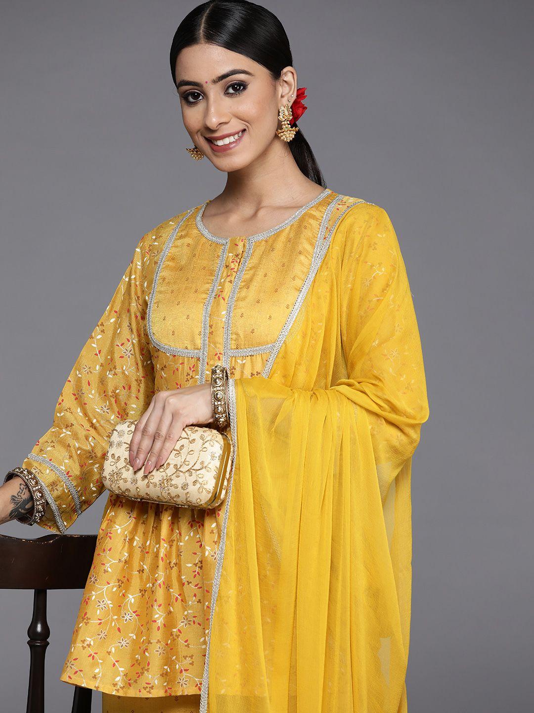 libas women mustard yellow floral printed gotta patti kurti with palazzos & with dupatta