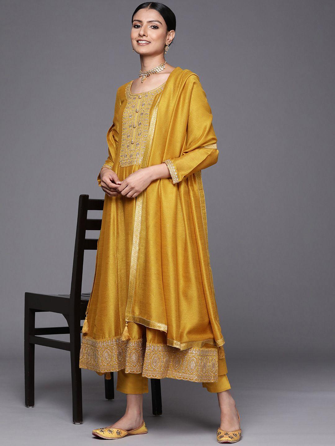 libas women mustard yellow floral yoke design panelled kurta with trousers & dupatta