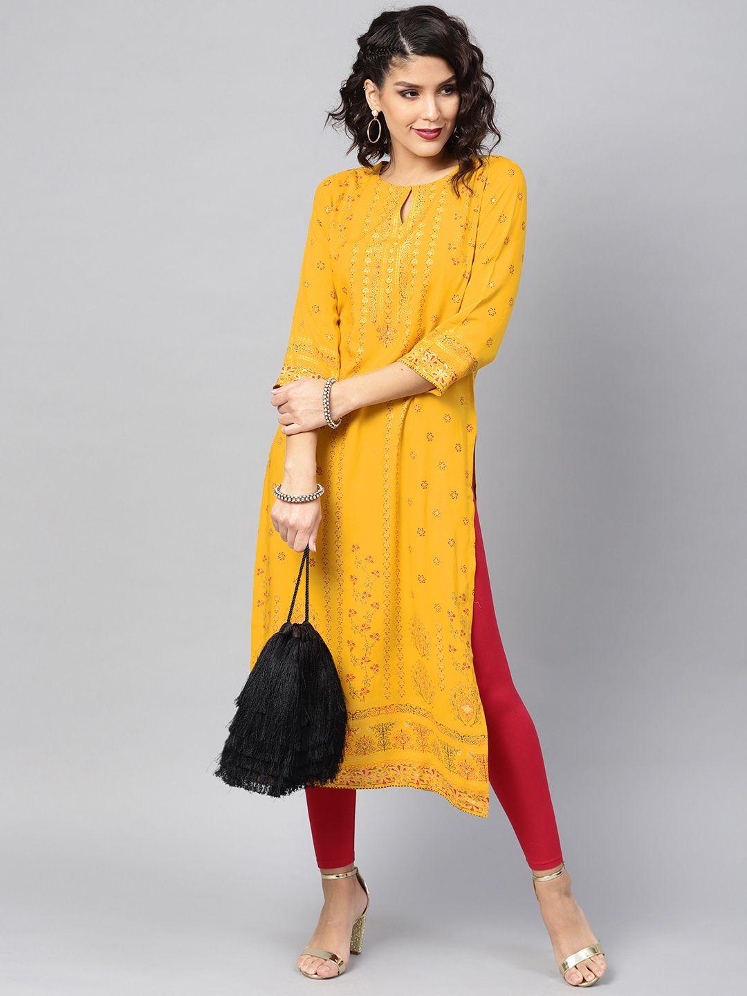 libas women mustard yellow printed straight kurta