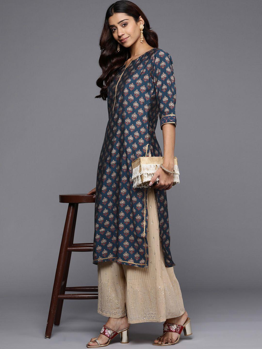 libas women navy blue & beige floral motifs printed gotta patti kurta